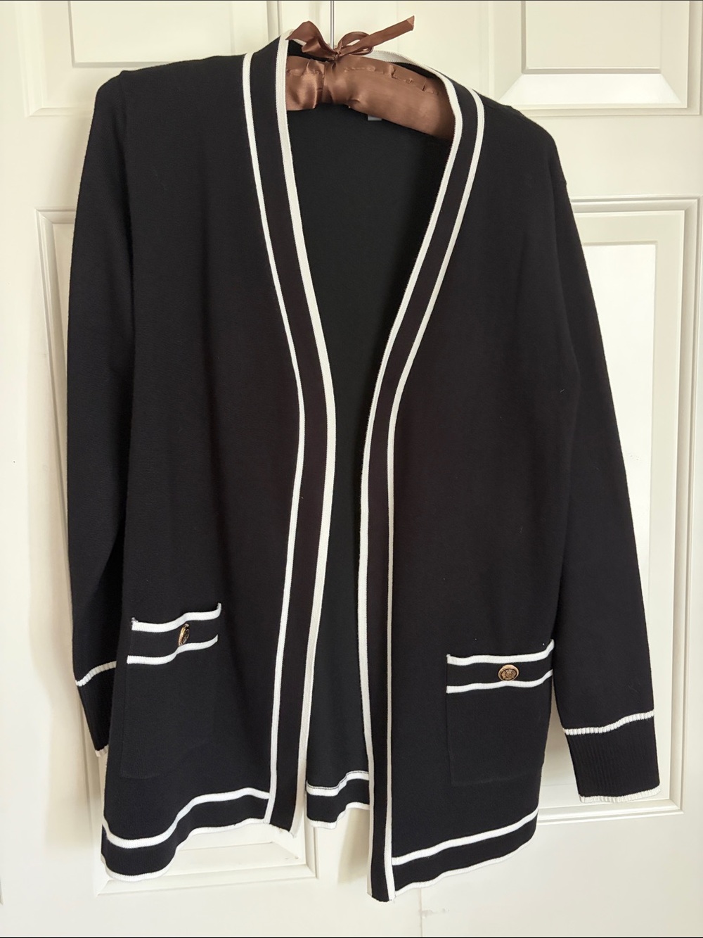 Essentials Black Open-Front Cardigan with White Trim and Two Coordinating Shells
